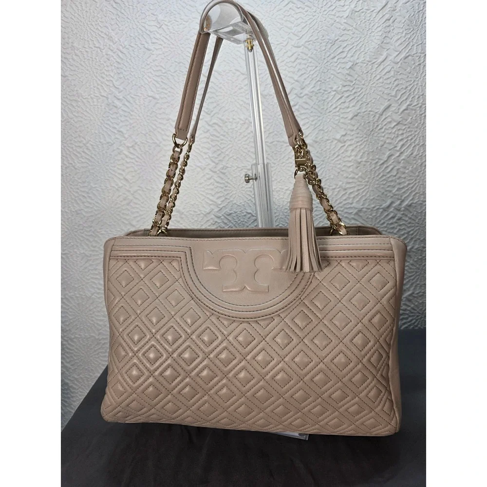 Tory Burch Fleming Tote Large Beige Good Quilted Leather Chain Shoulder Bag